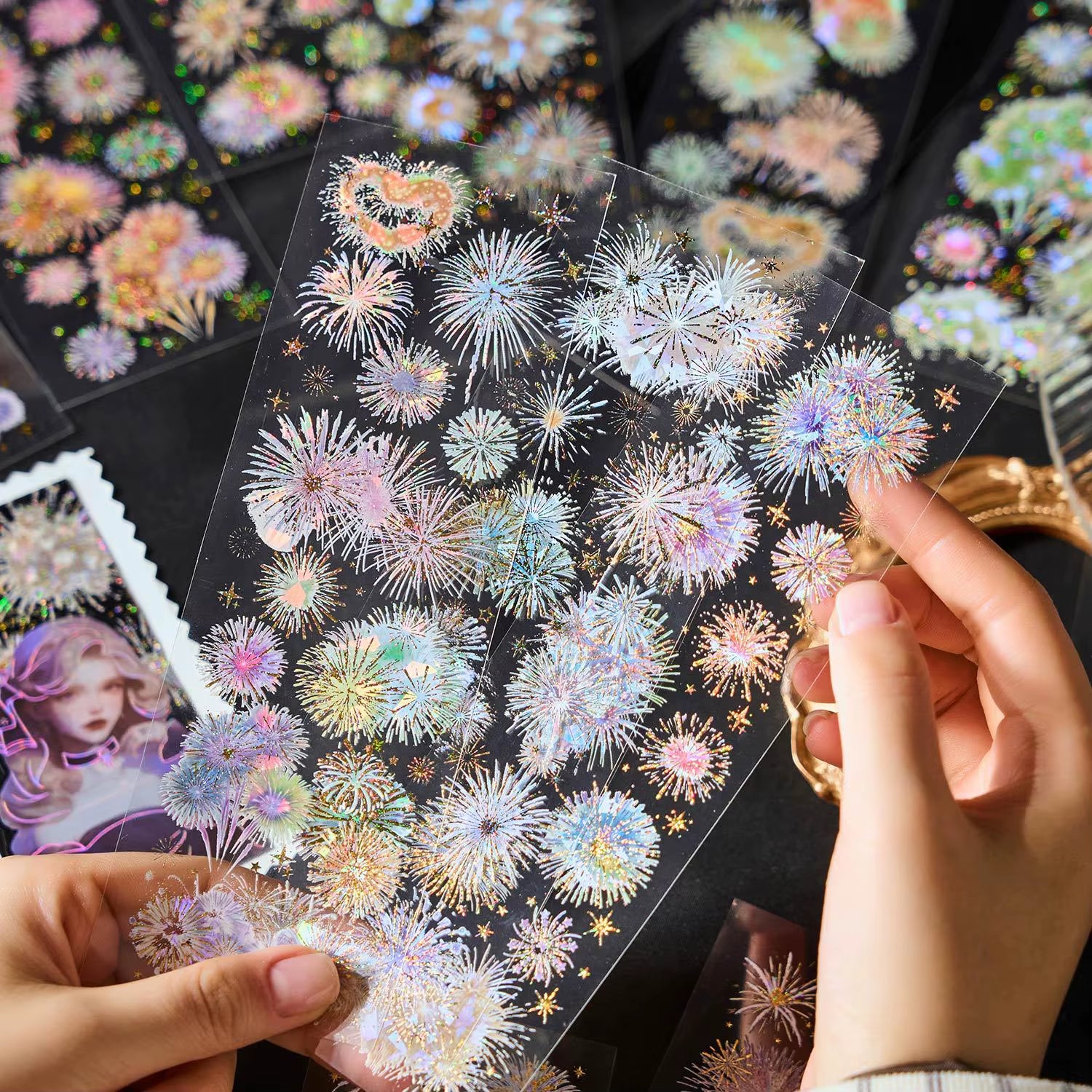 3 Sheets Long Fireworks Flat PET Stickers Adhesive Diy Stick Labels Decorative Diary Album Scrapbooking Material