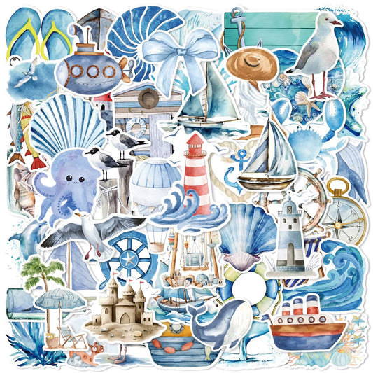 10/25/50Pcs Aesthetic Blue Ocean Life Stickers Graffiti for DIY Fridge Suitcase Scrapbooking Phone Laptop Stationery Decals
