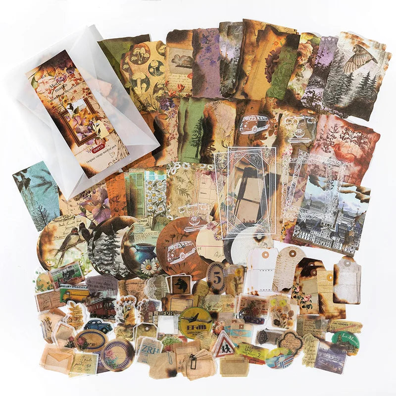 200 Pcs Vintage Stickers Material Paper Scrapbooking Set Planner Hand Made Diary Album Compilation Junk Journal Supplies