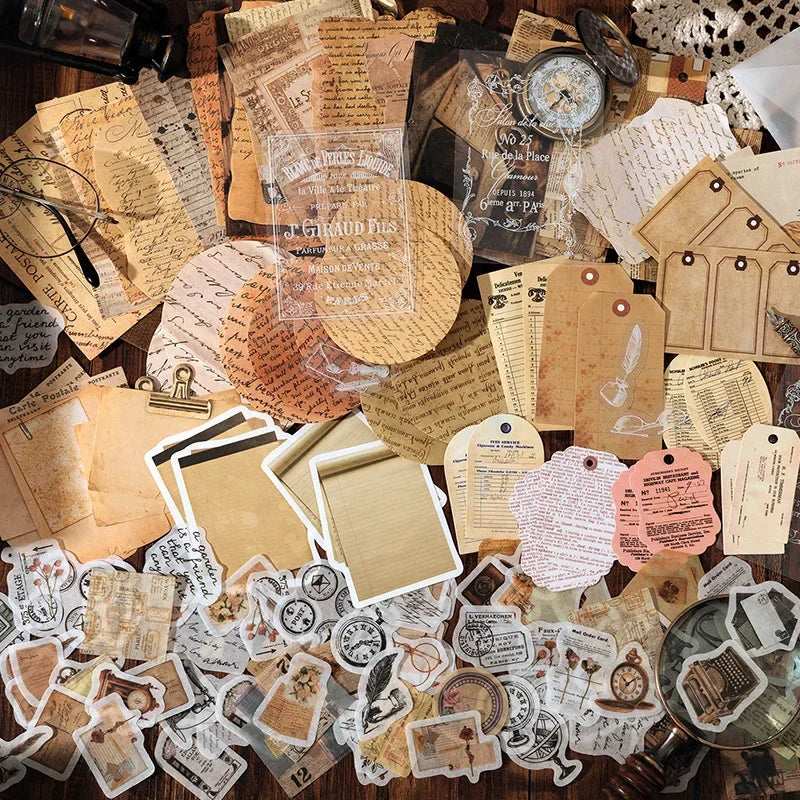 200 Pcs Vintage Stickers Material Paper Scrapbooking Set Planner Hand Made Diary Album Compilation Junk Journal Supplies