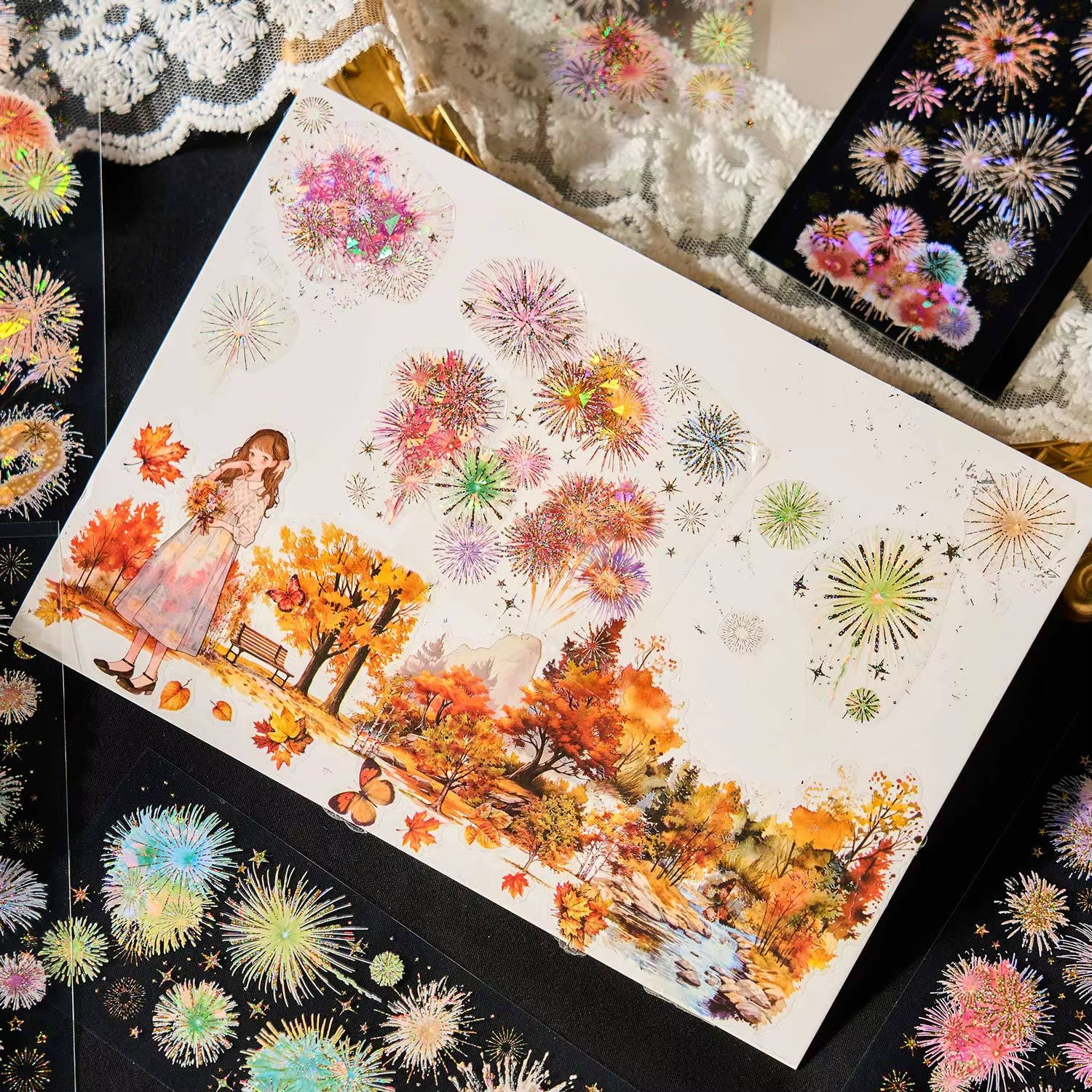 3 Sheets Long Fireworks Flat PET Stickers Adhesive Diy Stick Labels Decorative Diary Album Scrapbooking Material